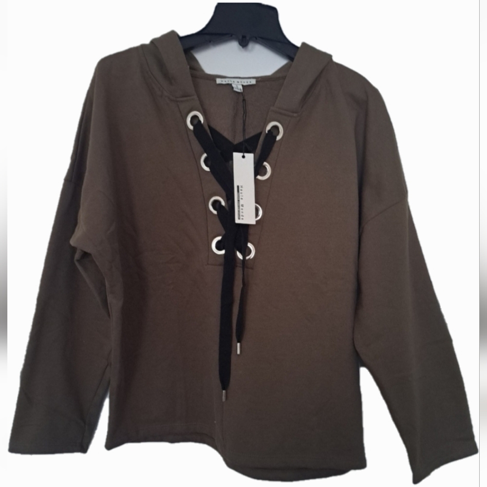 Haude Monde Khaki Jumbo Lace Up Shoe String Hoodie Women's Size Small NWT